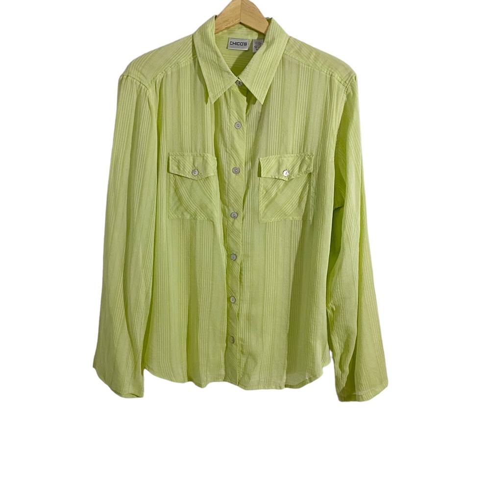 Chico’s Green Venu Silk Balley Striped Silk Linen Blend Top, Size 2/Large